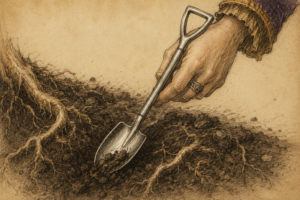 A shovel shaped spoon being held by a hand digging up dirt near tree roots.