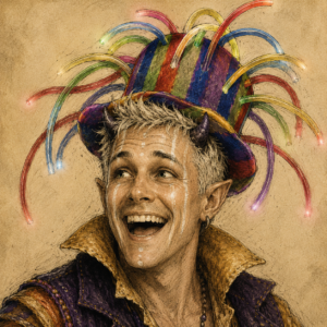 Ledger in a rainbow top hat