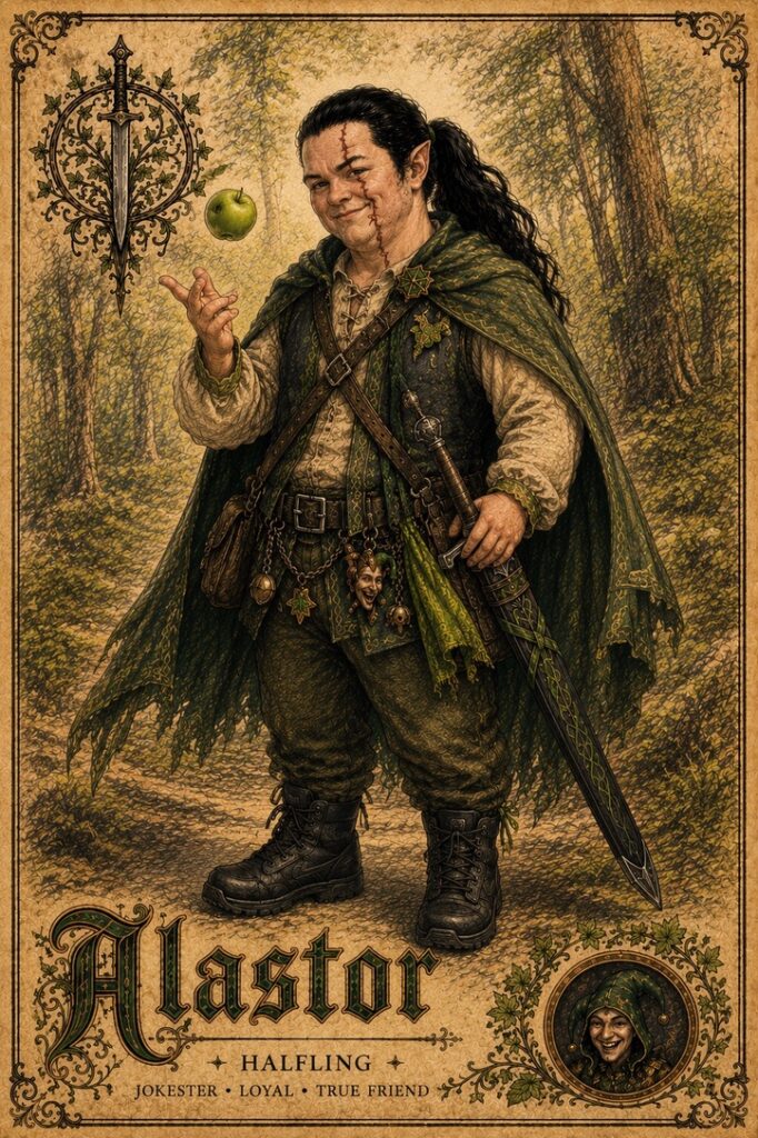 Alastor, Halfling — jokester, loyal, true friend: a small figure with a scarred cheek and long black ponytail flips a green apple in the air on a forest path, wearing a green cloak over layered travelling clothes, a jester charm at his belt and a long sword at his side.