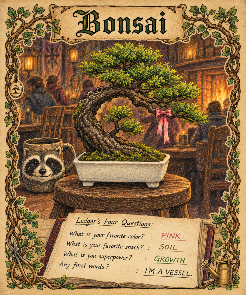 A bonsai with a gnarled crescent trunk and windswept green crown sits in a white pot on a tavern stool, a pink bow tied to one branch and a raccoon-faced mug beside it. An open journal lists Ledger's Four Questions and the tree's answers: pink, soil, growth — and, as final words, 'I'm a vessel.'