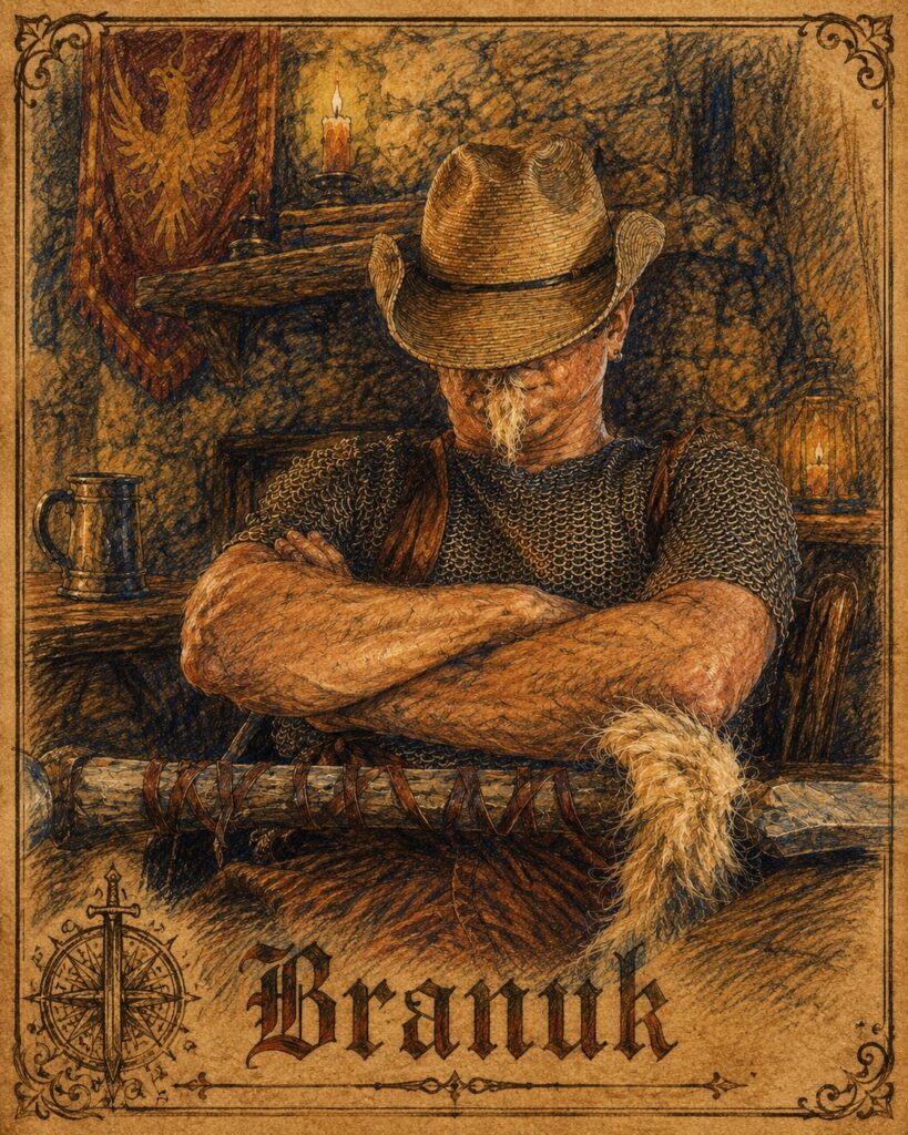 Branuk sits with arms crossed at a candlelit tavern table: a straw hat tipped low over his eyes, white goatee, chainmail shirt, and a huge fur-tufted wooden club laid across the table; an eagle banner hangs on the wall behind him.
