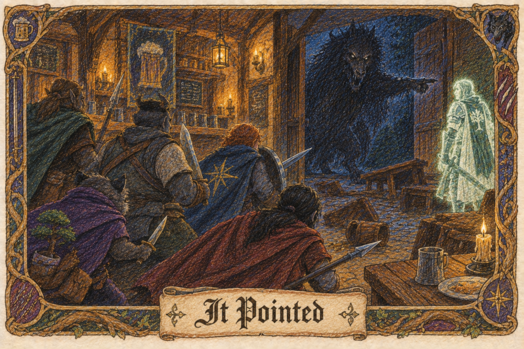 In a night-dark tavern, adventurers close ranks with weapons raised as a huge black barghest fills the doorway, one forelimb pointing straight at Sir Felix Dawnwind — a faintly glowing, translucent knight in white and green. A potted bonsai peeks from among the group. Banner title: It Pointed.