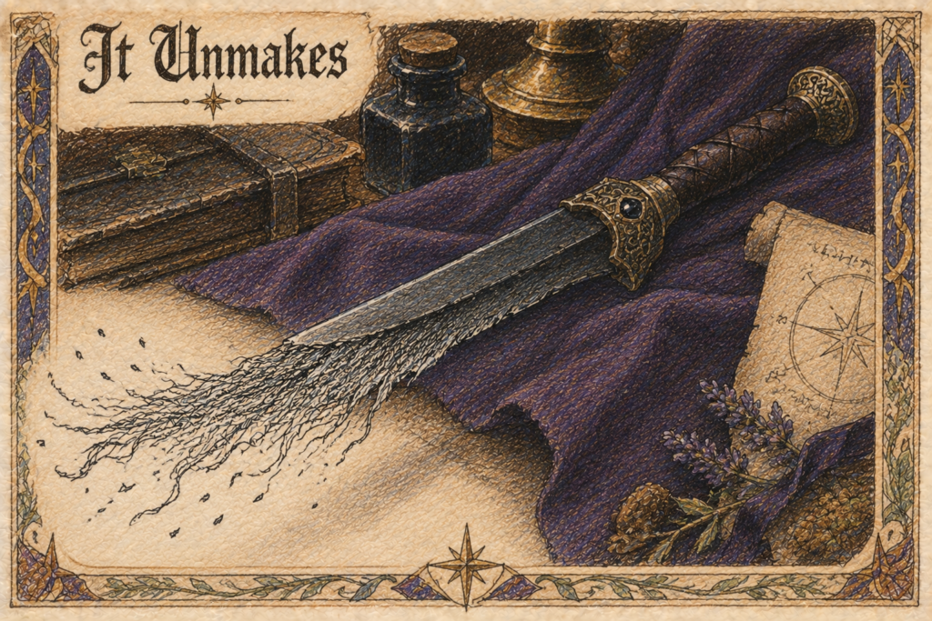 An ornate dagger lies on purple cloth beside an ink bottle and a rolled map; along its cutting edge the blade frays apart into loose ink strokes, as if the drawing itself is being unmade. Blackletter title: It Unmakes.
