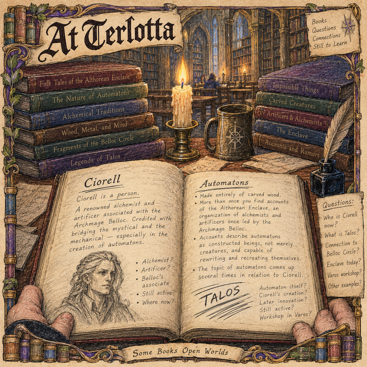 A candlelit reading desk in the Terlotta library, stacked with volumes — The Nature of Automatons, Fragments of the Belloc Circle, Legends of Talos. In an open research journal, one page declares 'Ciorell is a person' beside a sketched portrait and margin questions; the facing page lists what accounts say of wood-carved automatons, with the name TALOS scribbled and underlined below. A banner reads: Some Books Open Worlds.