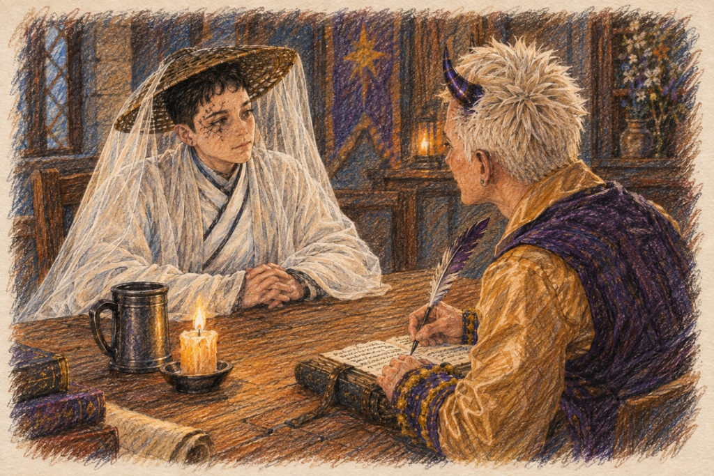 In a quiet tavern corner, Vale — serene in layered white robes, a woven conical hat trailing a sheer veil, a fine branching mark around one eye — sits with hands folded while Ledger writes in his strapped ledger with a purple feather quill. A lit candle and a tankard sit between them.