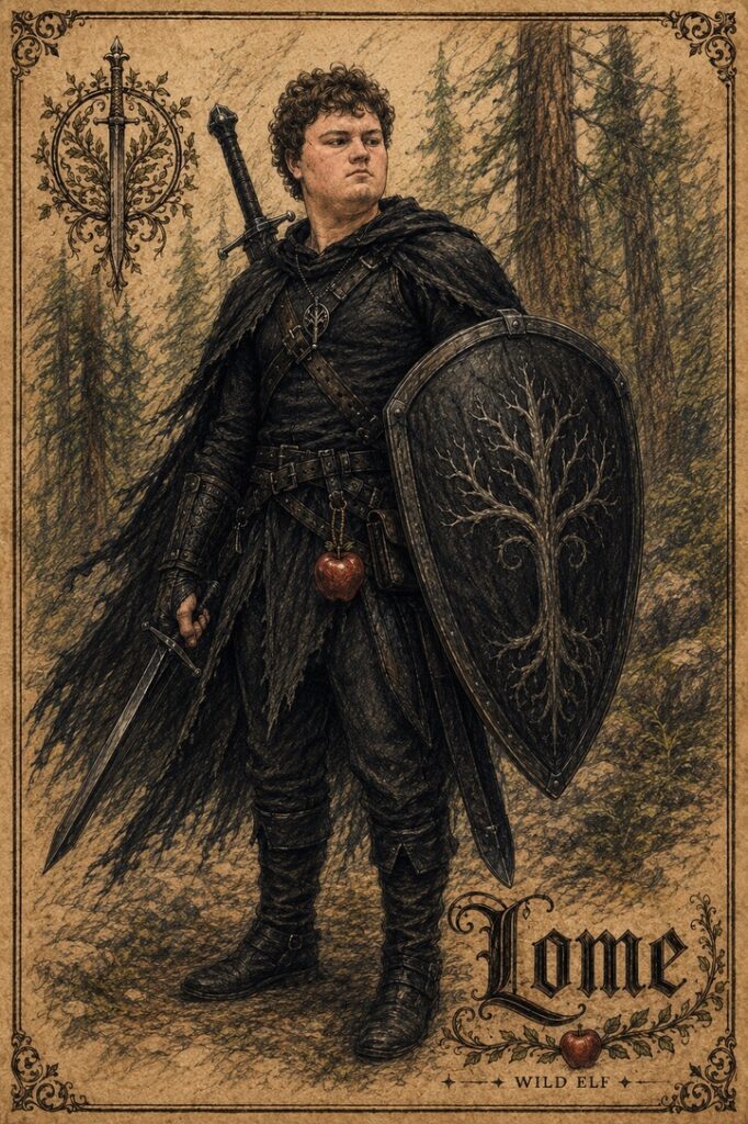 Lome, Wild Elf: a curly-haired young warrior in a ragged black cloak and dark leathers stands in a pine forest, sword held low, bearing a dark kite shield with a bare-branched tree device; a red apple hangs at his belt.