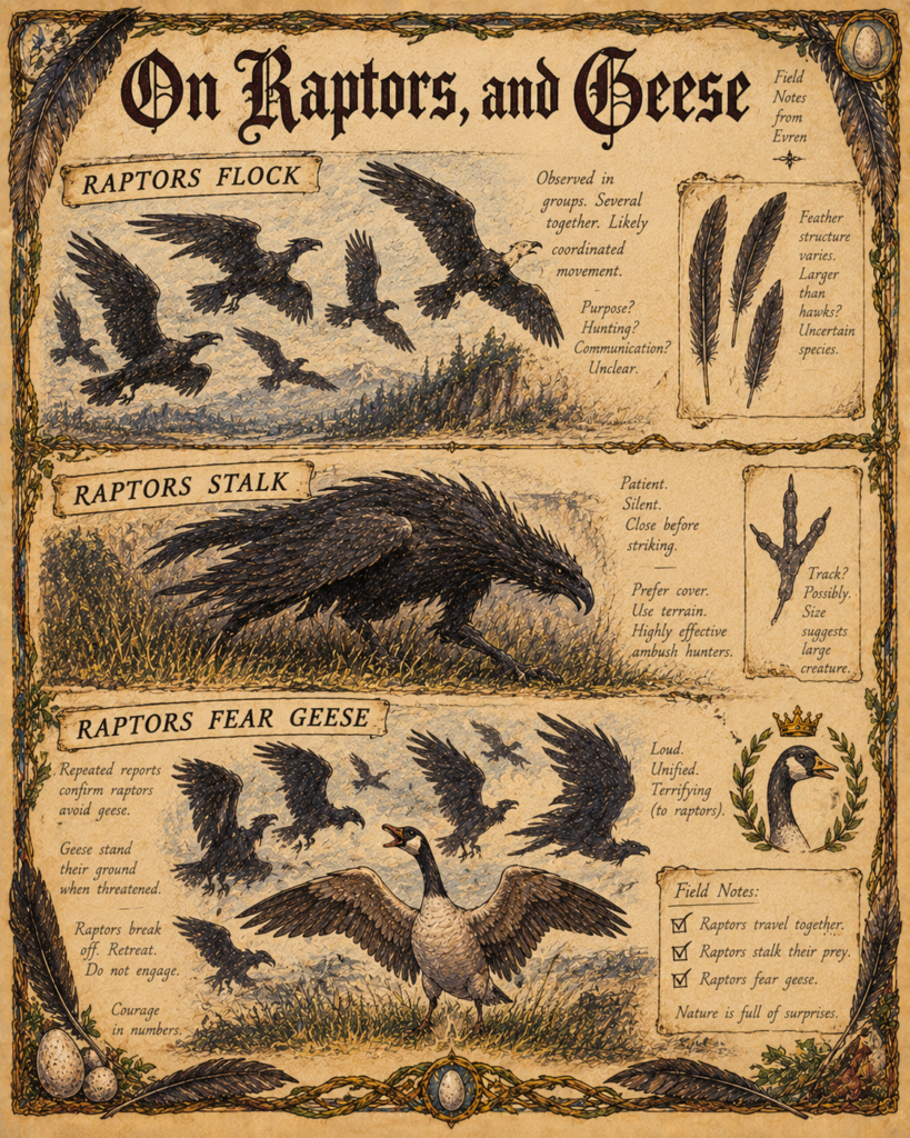 A naturalist's field-study page in three panels: raptors flocking over a treeline, a single raptor stalking low through the grass, and — largest — a goose standing its ground with wings spread as raptors scatter. A ticked checklist concludes: raptors travel together, stalk their prey, and fear geese.